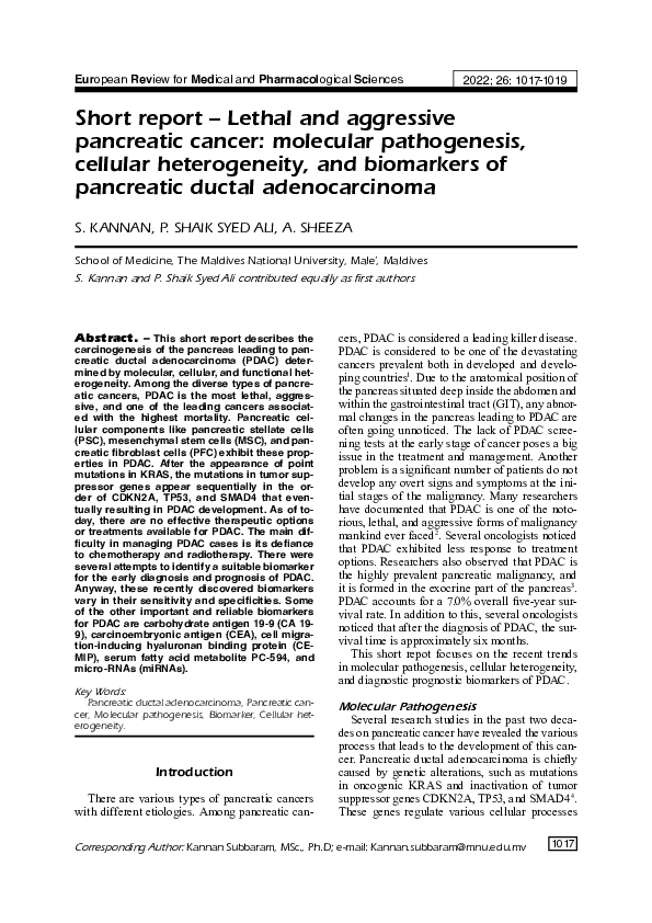 (PDF) Short report – Lethal and aggressive pancreatic cancer: molecular ...