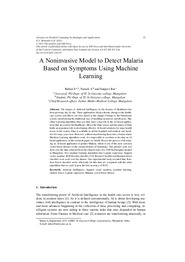 (PDF) A Noninvasive Model to Detect Malaria Based on Symptoms Using ...