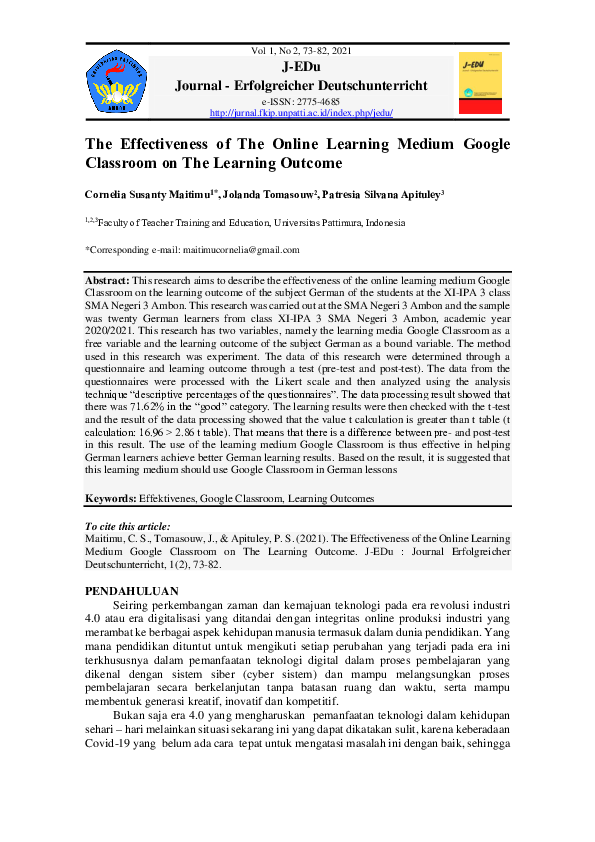 (PDF) The Effectiveness of The Online Learning Medium Google Classroom ...