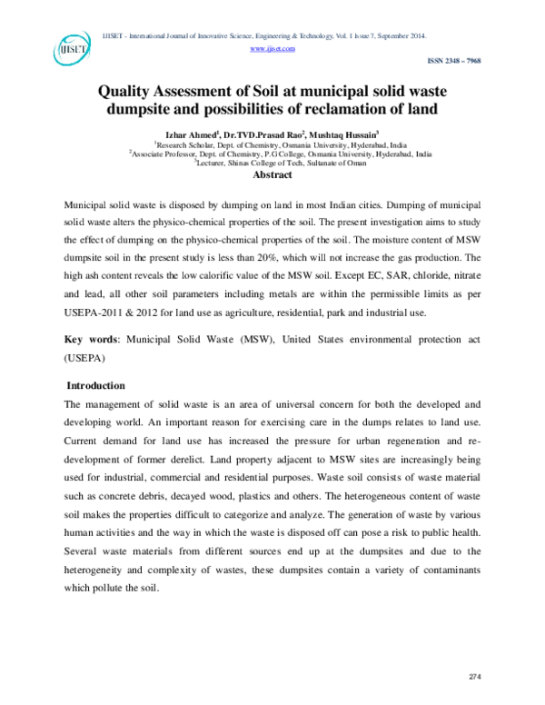 (PDF) Quality Assessment of Soil at municipal solid waste dumpsite and ...