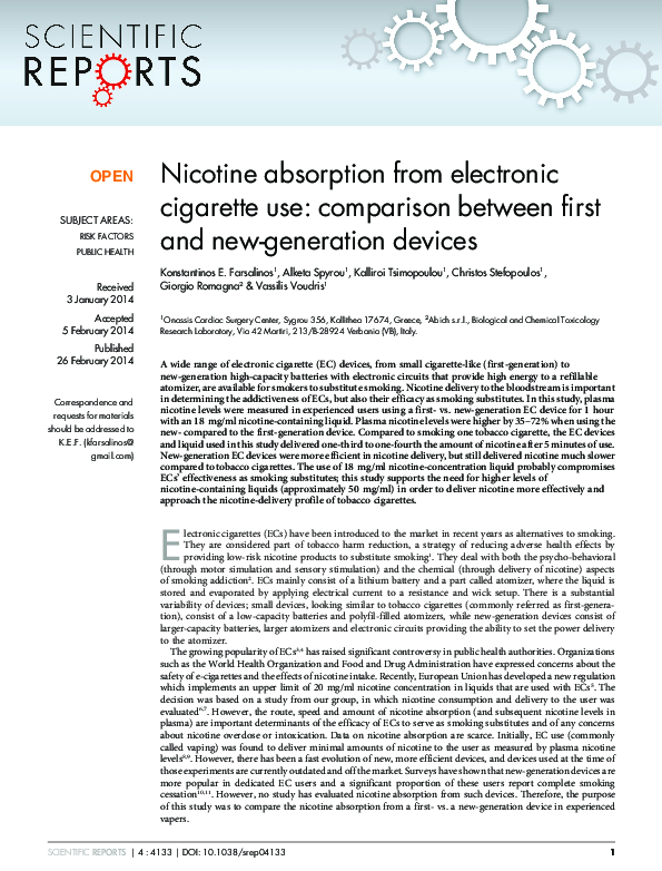 (PDF) Nicotine absorption from electronic cigarette use: comparison ...