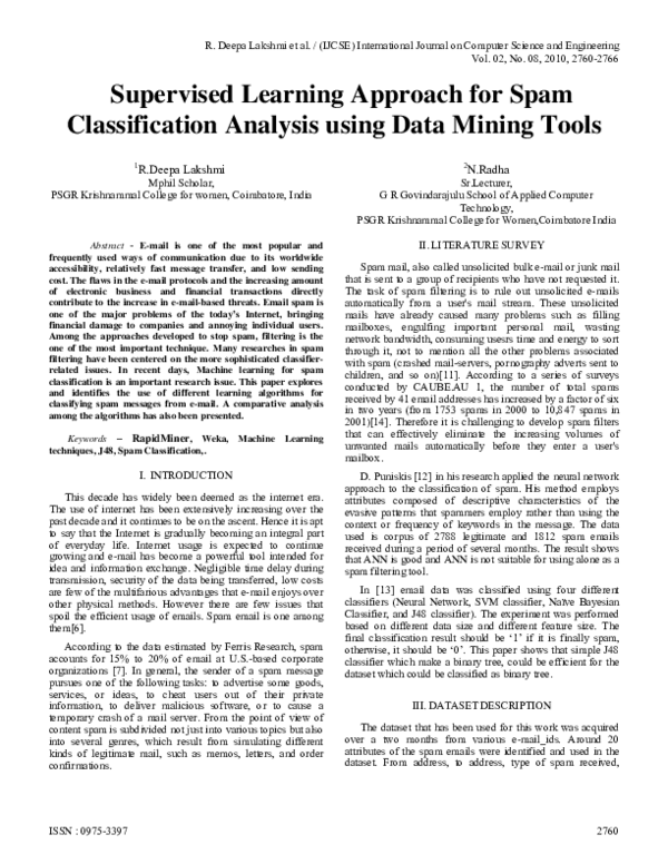 (PDF) Supervised Learning Approach for Spam Classification Analysis ...