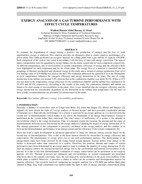 (PDF) Exergy Analysis of a Gas Turbine Performance with Effect Cycle ...