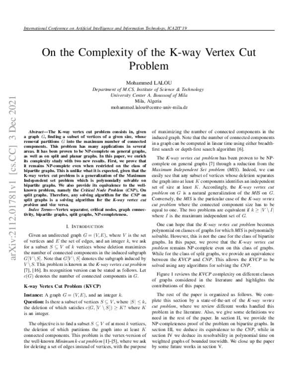 (PDF) On the Complexity of the K-way Vertex Cut Problem