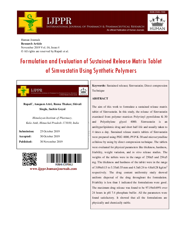 (PDF) Formulation and Evaluation of Sustained Release Matrix Tablet of ...