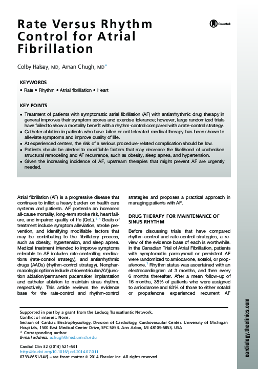 (PDF) Rate versus rhythm control for atrial fibrillation