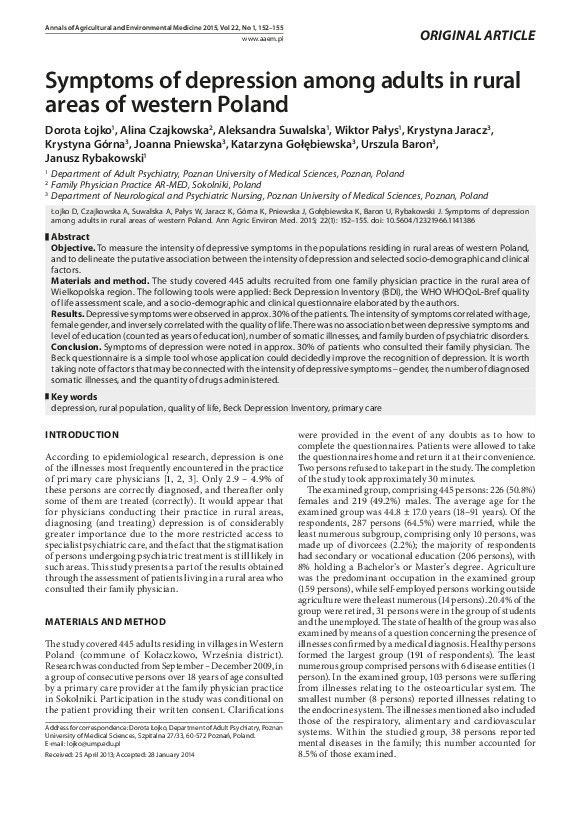 (PDF) Symptoms of depression among adults in rural areas of western Poland