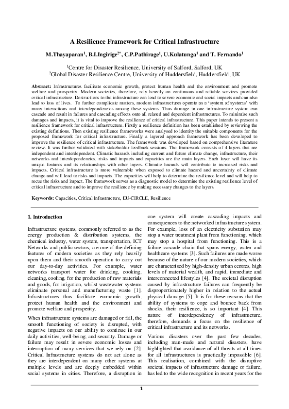 (PDF) A Resilience Framework for Critical Infrastructure