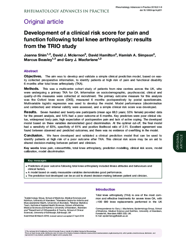 (PDF) Development of a clinical risk score for pain and function ...