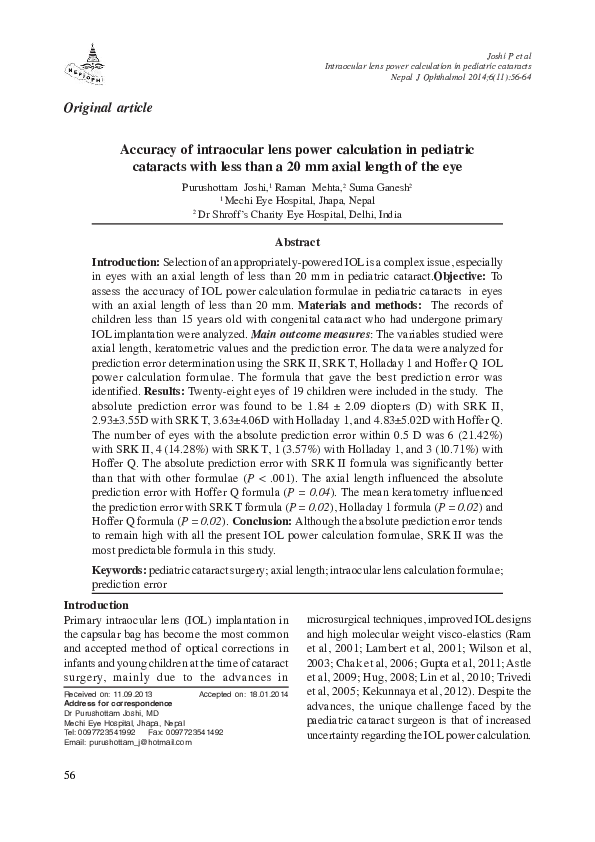 (PDF) Accuracy of Intraocular Lens Power Calculation Formulae in ...