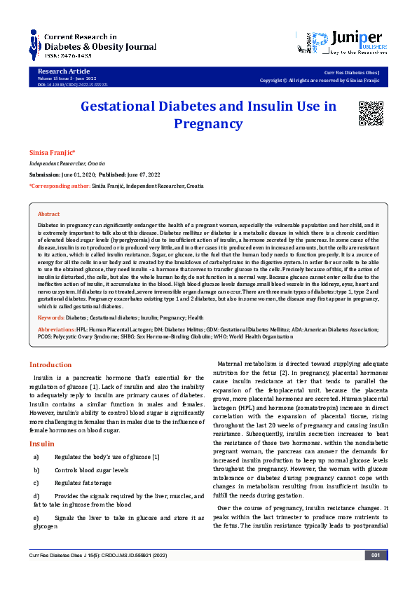 (PDF) Gestational Diabetes and Insulin Use in Pregnancy