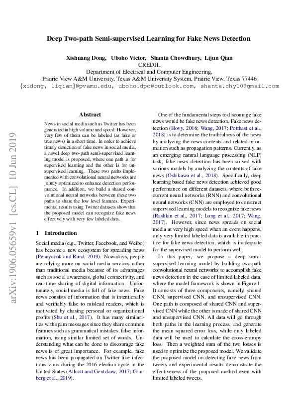 (PDF) Deep Two-path Semi-supervised Learning for Fake News Detection