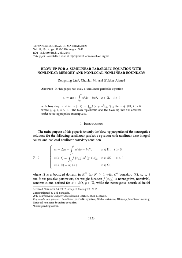 (PDF) Blow-Up for a Semilinear Parabolic Equation with Nonlinear Memory ...