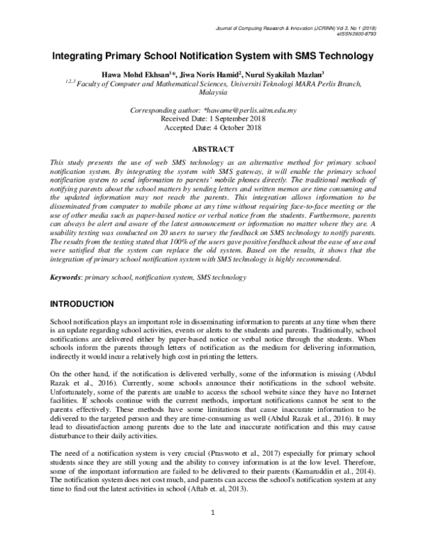 (PDF) Integrating Primary School Notification System with SMS Technology
