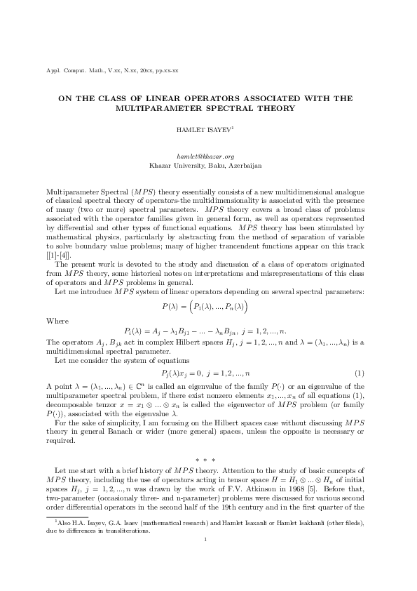 (PDF) ON THE CLASS OF LINEAR OPERATORS ASSOCIATED WITH THE ...