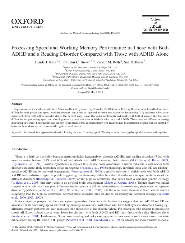 (PDF) Processing Speed and Working Memory Performance in Those with ...