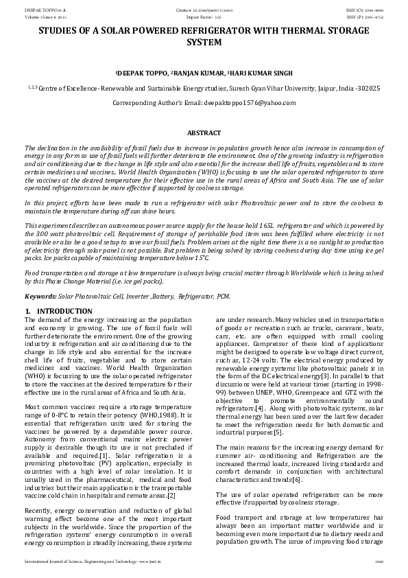 (PDF) Studies of a Solar Powered Refrigerator with Thermal Storage System