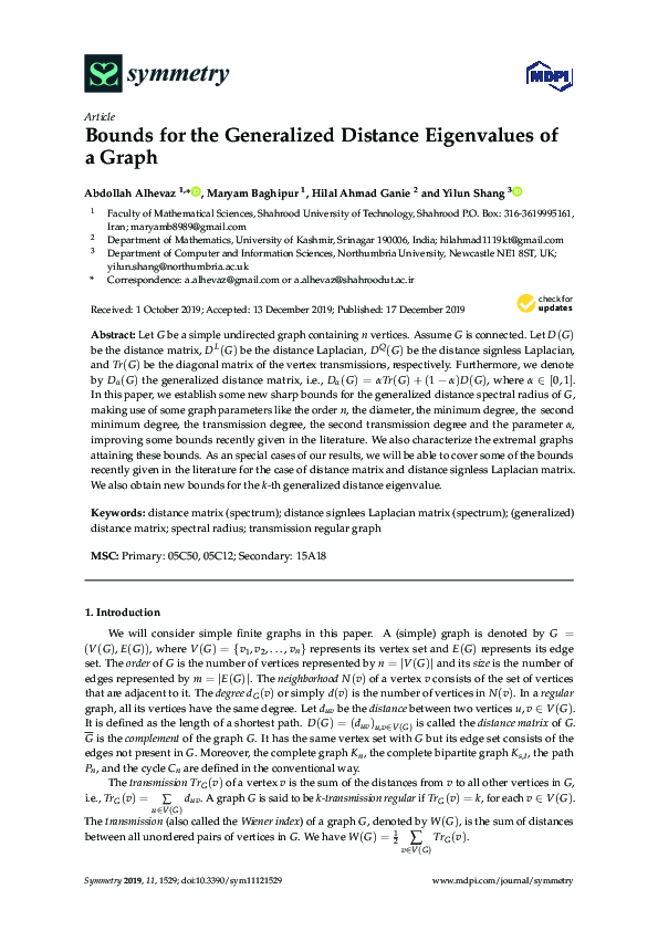 (PDF) Bounds for the Generalized Distance Eigenvalues of a Graph