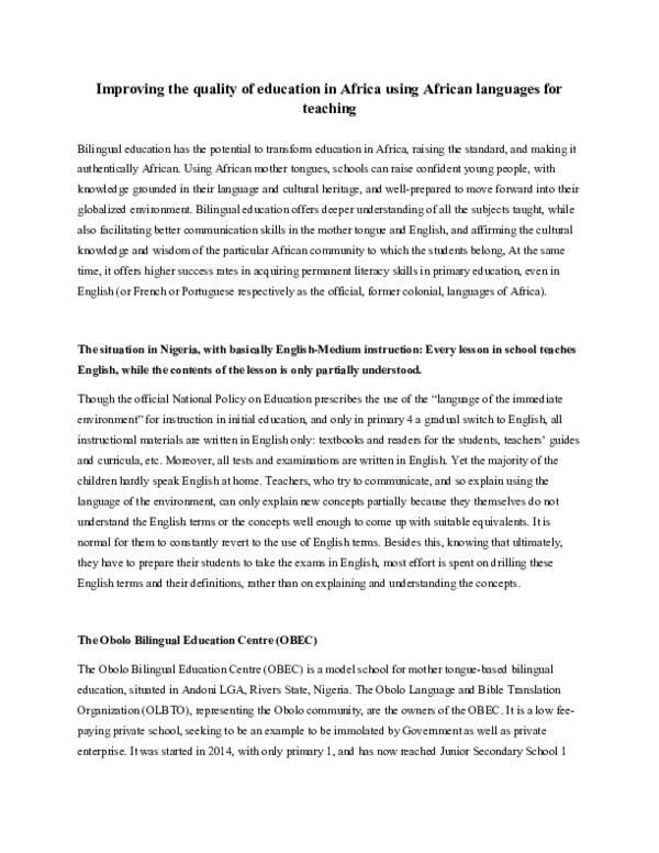 (DOC) Improving the quality of education in Africa using African ...