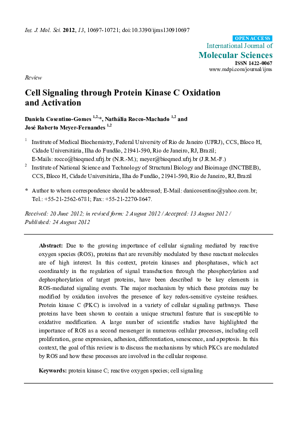 (PDF) Cell Signaling through Protein Kinase C Oxidation and Activation
