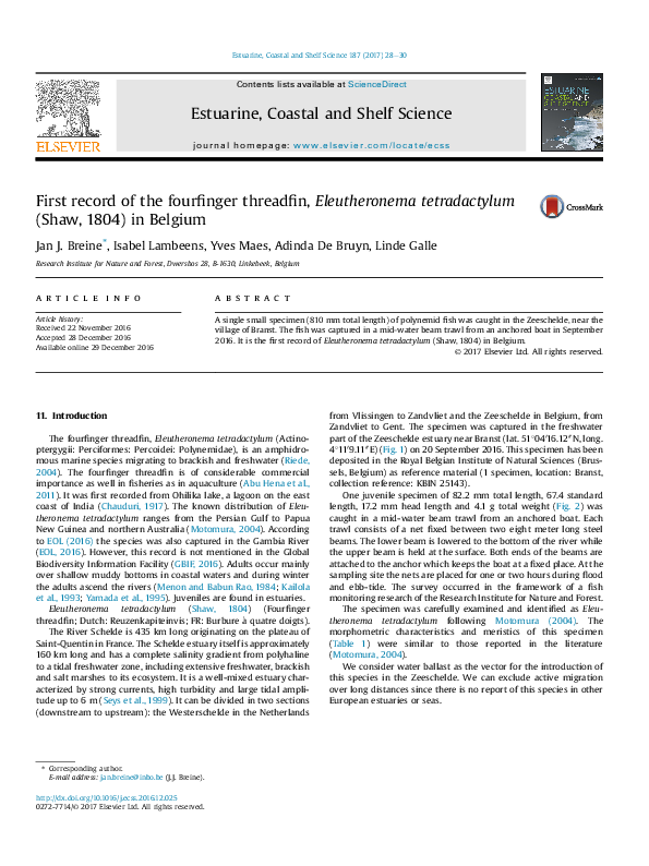 (PDF) First record of the fourfinger threadfin, Eleutheronema ...