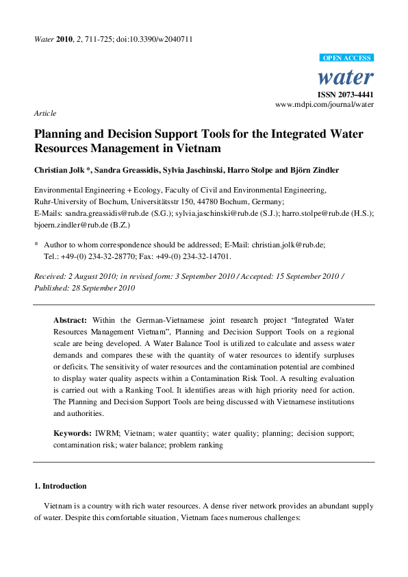 (PDF) Planning and Decision Support Tools for the Integrated Water ...