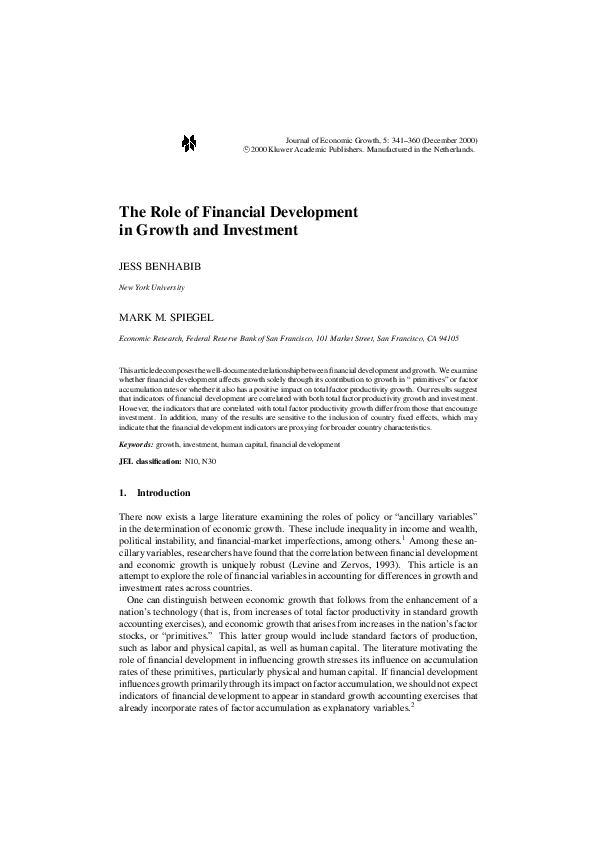 (PDF) The Role of Financial Development in Growth and Investment