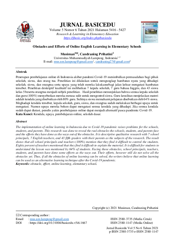 (PDF) Obstacles and Efforts of Online English Learning In Elementary ...