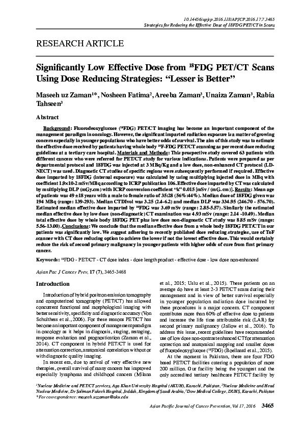 (PDF) Significantly Low Effective Dose from 18FDG PET/CT Scans Using ...