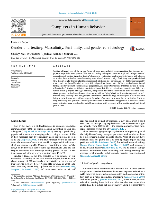 (PDF) Gender and texting: Masculinity, femininity, and gender role ideology