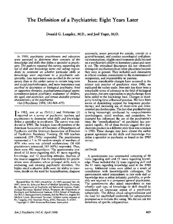 (PDF) The definition of a psychiatrist eight years later Joel Yager