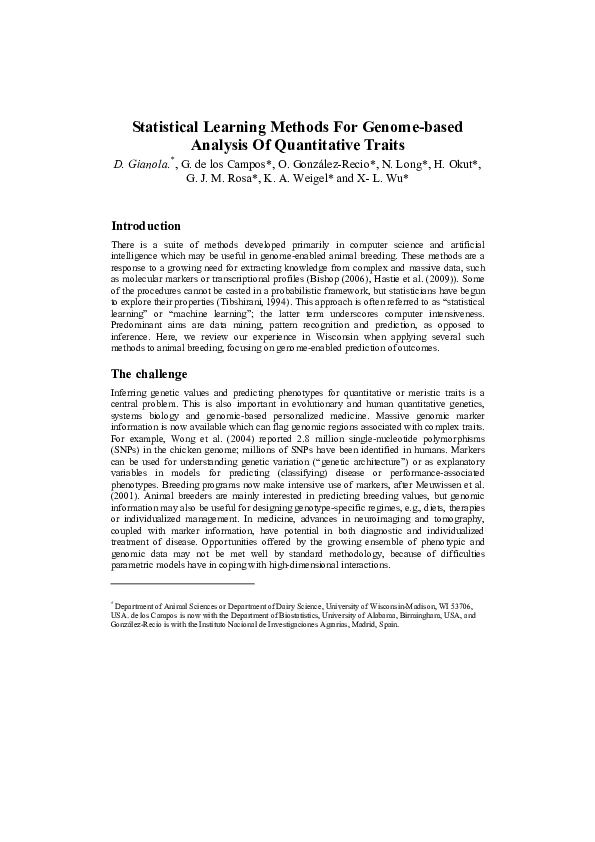 (PDF) Statistical learning methods for genome-based analysis of ...
