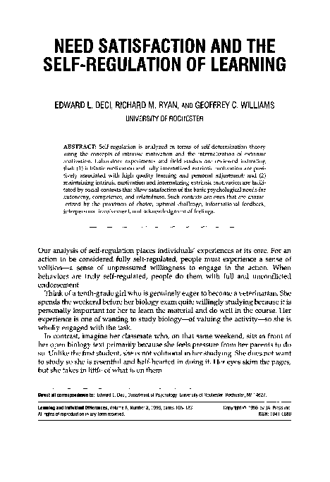 (PDF) Need satisfaction and the self-regulation of learning