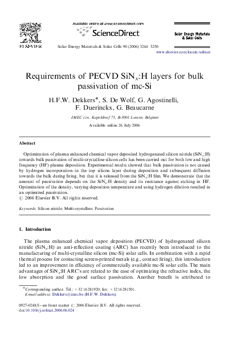 (PDF) Requirements of PECVD SiNx:H layers for bulk passivation of mc-Si