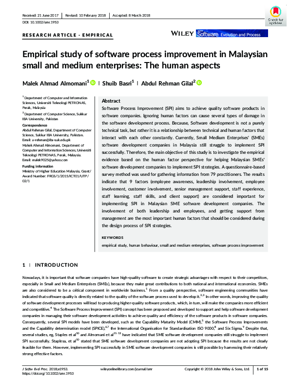 (PDF) Empirical study of software process improvement in Malaysian ...