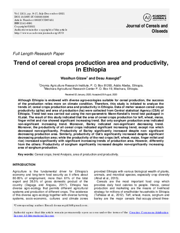 (PDF) Trend of cereal crops production area and productivity, in