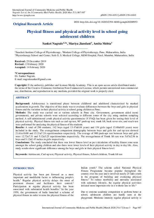 (PDF) Physical fitness and physical activity level in school going ...