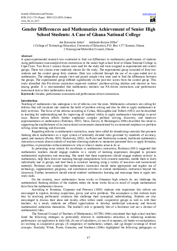 (PDF) Gender Differences and Mathematics Achievement of Senior High ...