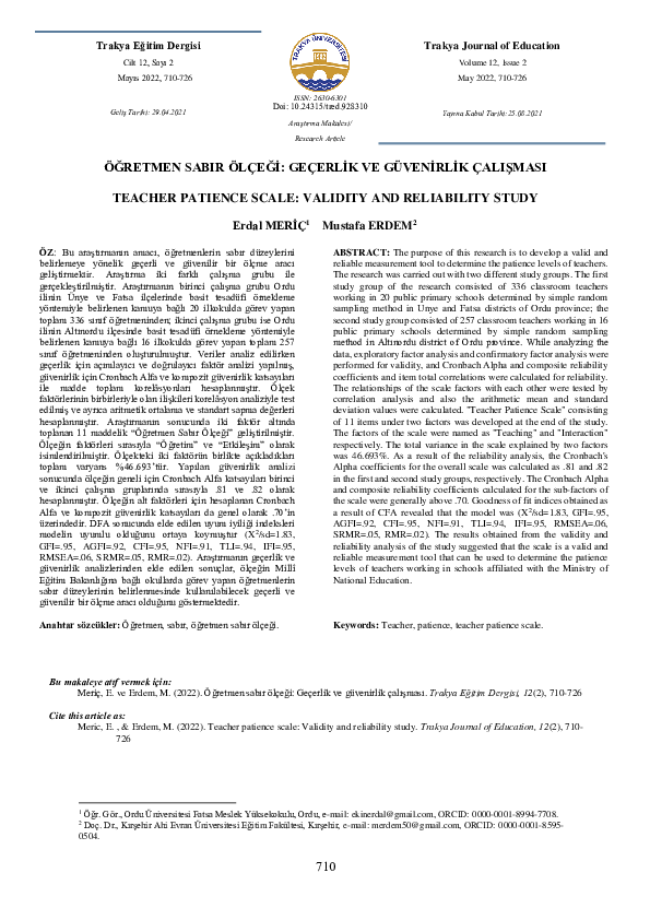 (PDF) Öğretmen Sabır Ölçeği: Geçerlik ve Güvenirlik Çalışması (Teacher ...