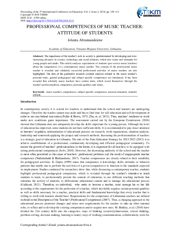(PDF) Professional Competences of Music Teacher: Attitude of Students
