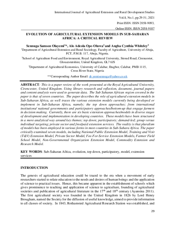 (PDF) EVOLUTION OF AGRICULTURAL EXTENSION MODELS IN SUB-SAHARAN AFRICA ...