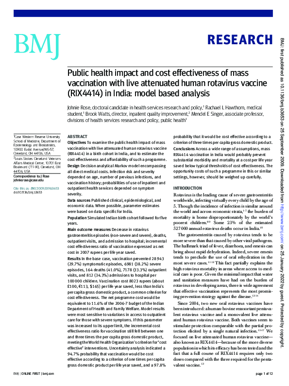 (PDF) Public health impact and cost effectiveness of mass vaccination ...