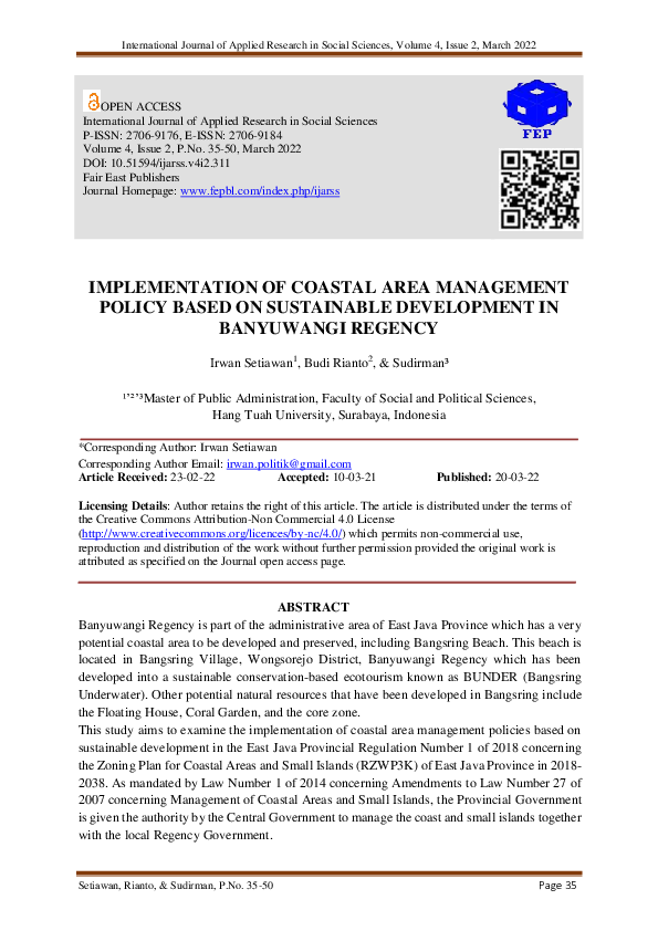 (PDF) Implementation of Coastal Area Management Policy Based on ...