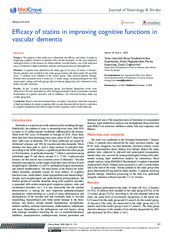 (PDF) Efficacy of statins in improving cognitive functions in vascular ...