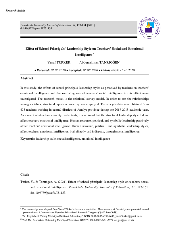 (PDF) Effect of School Principals’ Leadership Style on Teachers' Social ...