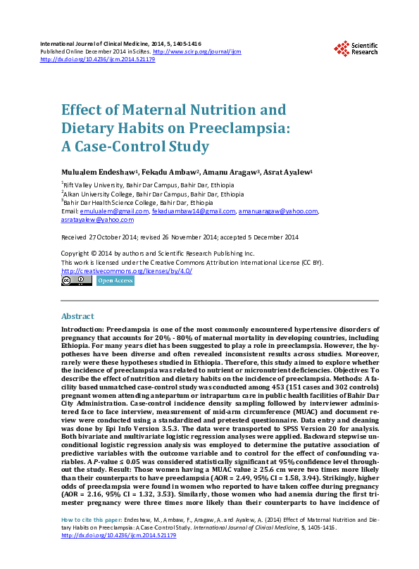 (PDF) Effect of Maternal Nutrition and Dietary Habits on Preeclampsia A CaseControl Study