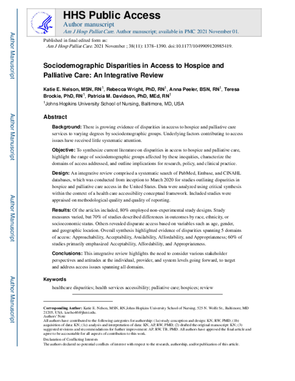 (PDF) Sociodemographic Disparities in Access to Hospice and Palliative ...