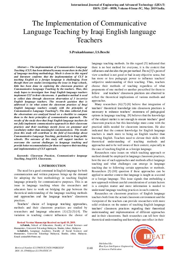 (PDF) The Implementation of Communicative Language Teaching by Iraqi ...