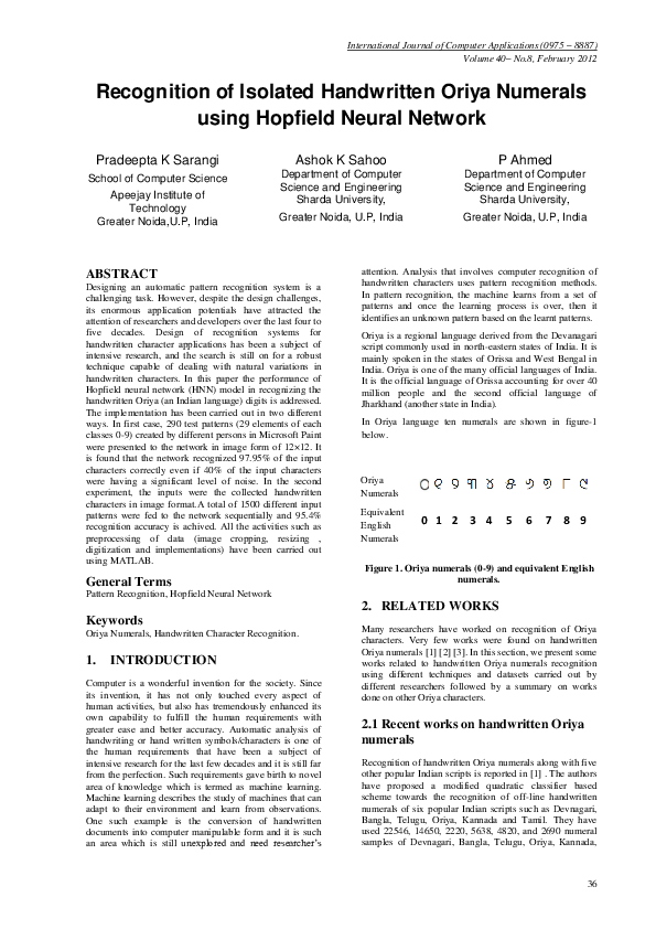 (PDF) Recognition of Isolated Handwritten Oriya Numerals using Hopfield ...