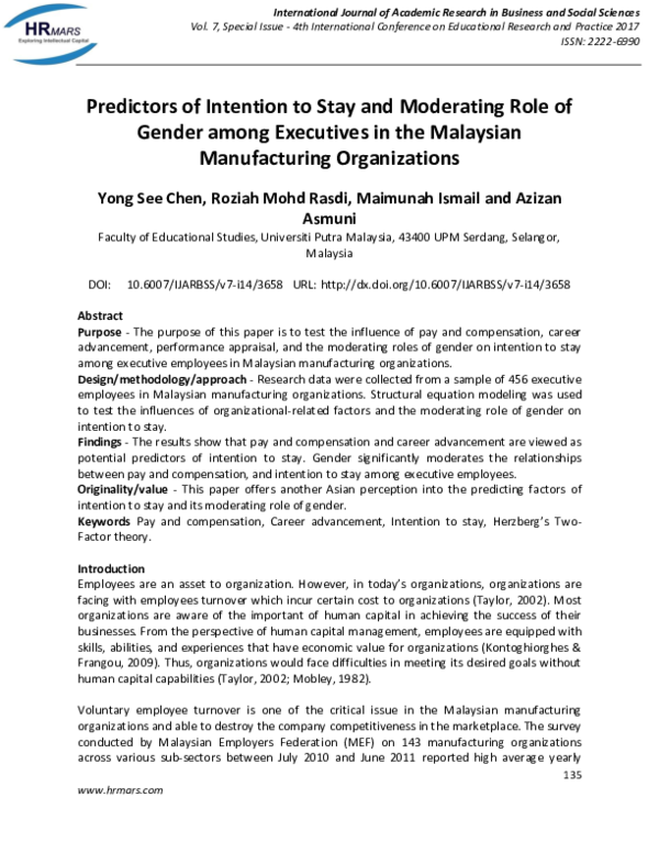 (PDF) Predictors of Intention to Stay and Moderating Role of Gender ...
